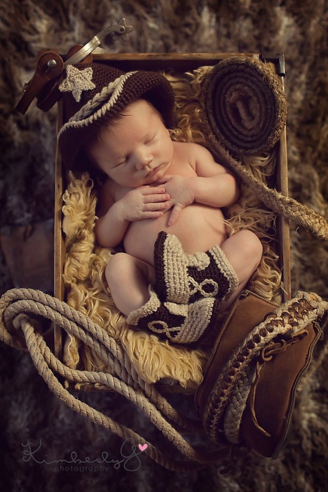 Baby Cowboy Hat and Boots Chocolate Brown And Tan Newborn and beyond