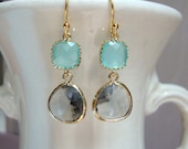 Cool Gray and Aqua Blue Glass Dangle Earrings