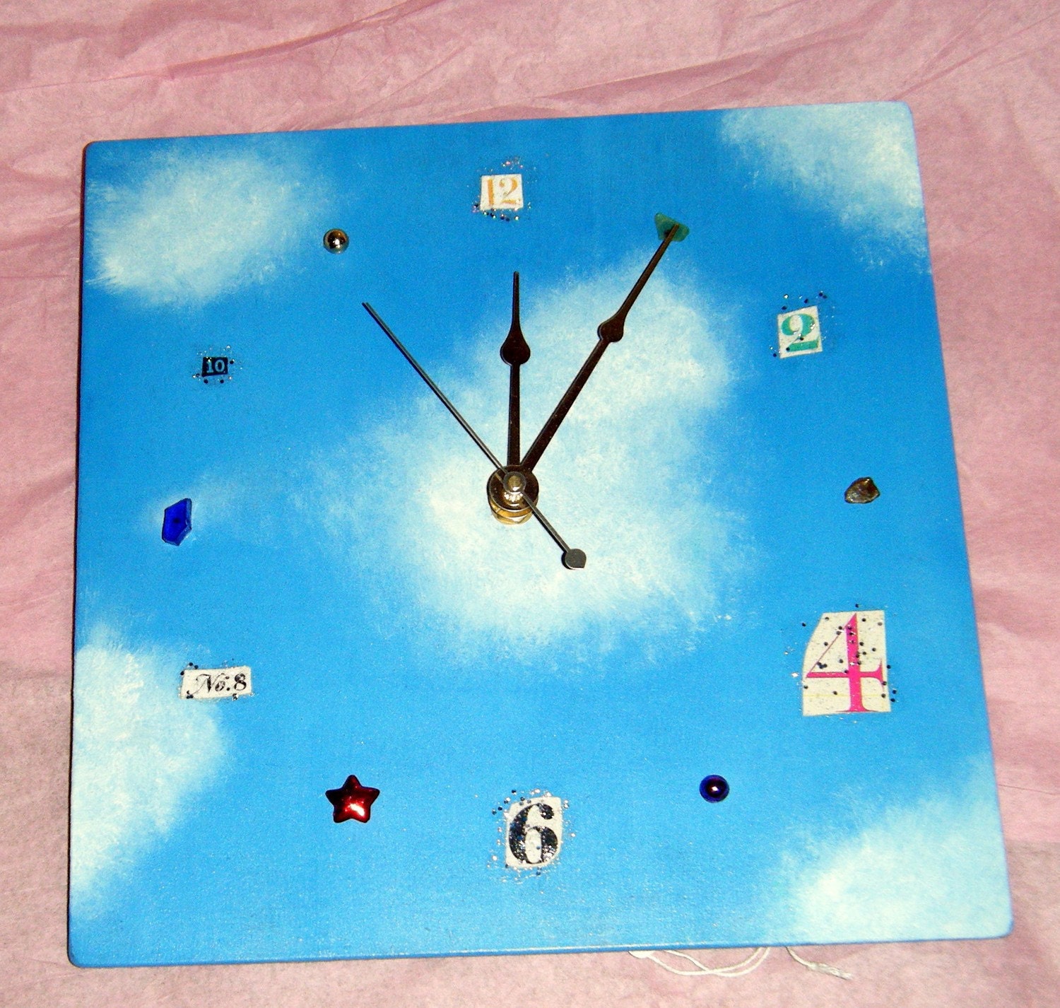Clouds mixed media handpainted art clock -- unique home or office decor -- gift for fall birthday