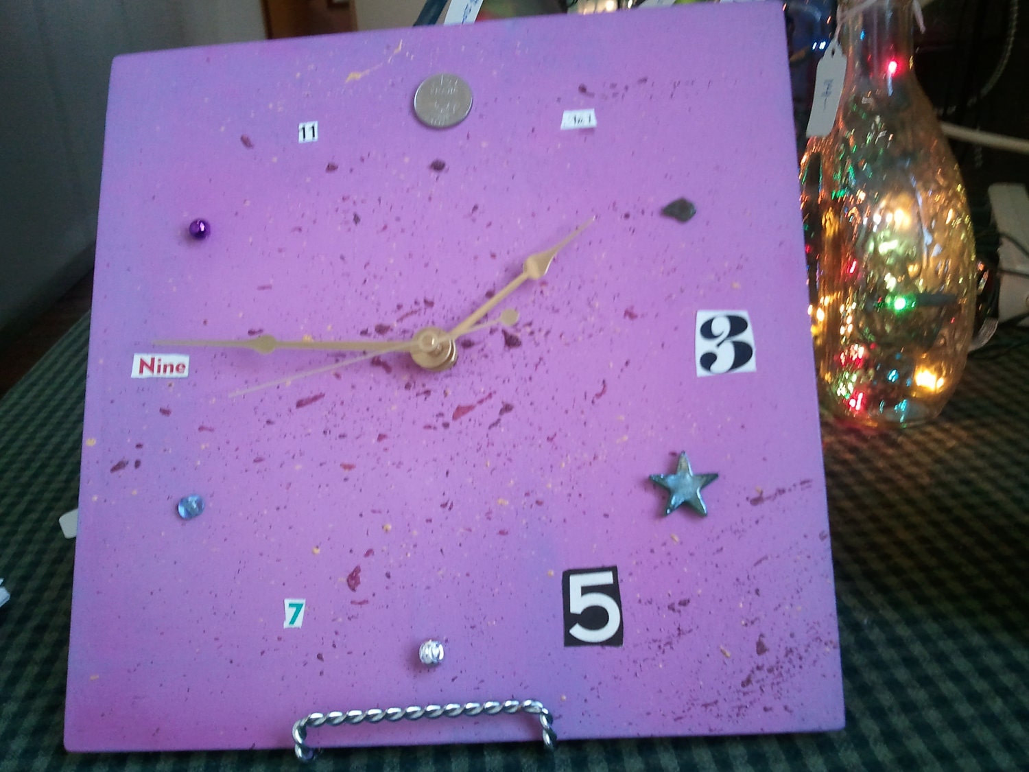 Luminescent Magenta Mixed-Media Square Art Clock -- unique decor for your home or office