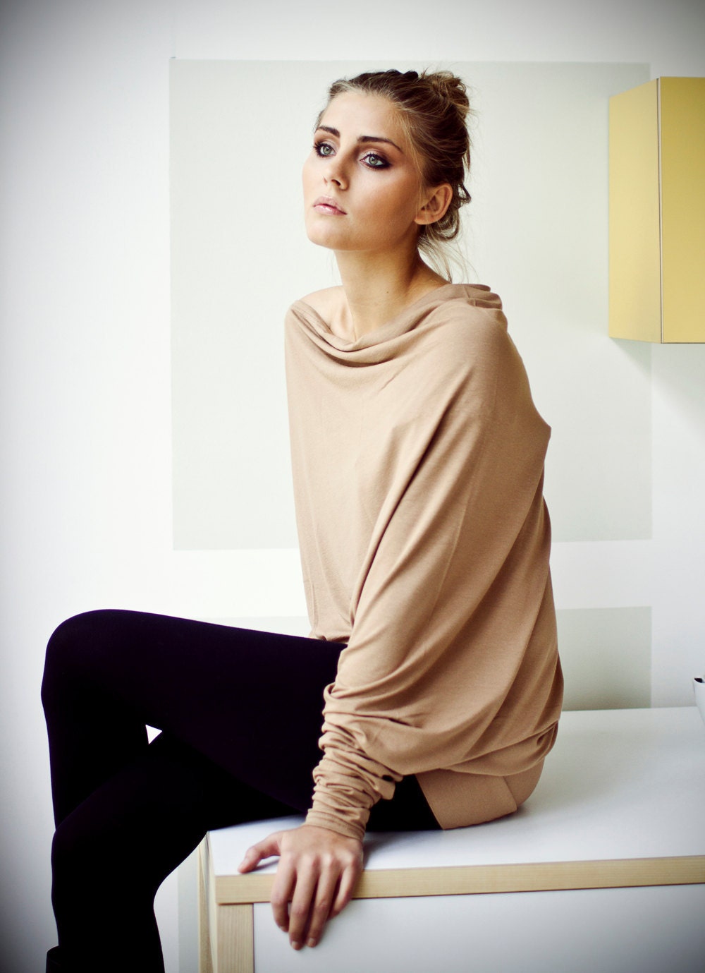 Capuccino asymmetric long-sleeved  Muse blouse with buttons on the back