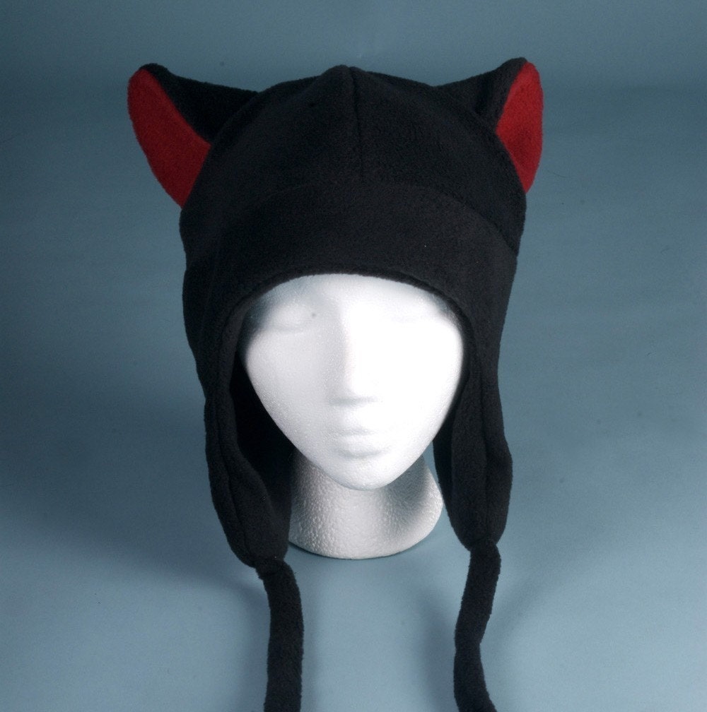 Fleece Kitty Cat Hat - Mens Womens Black / Red Aviator Style by Ningen Headwear