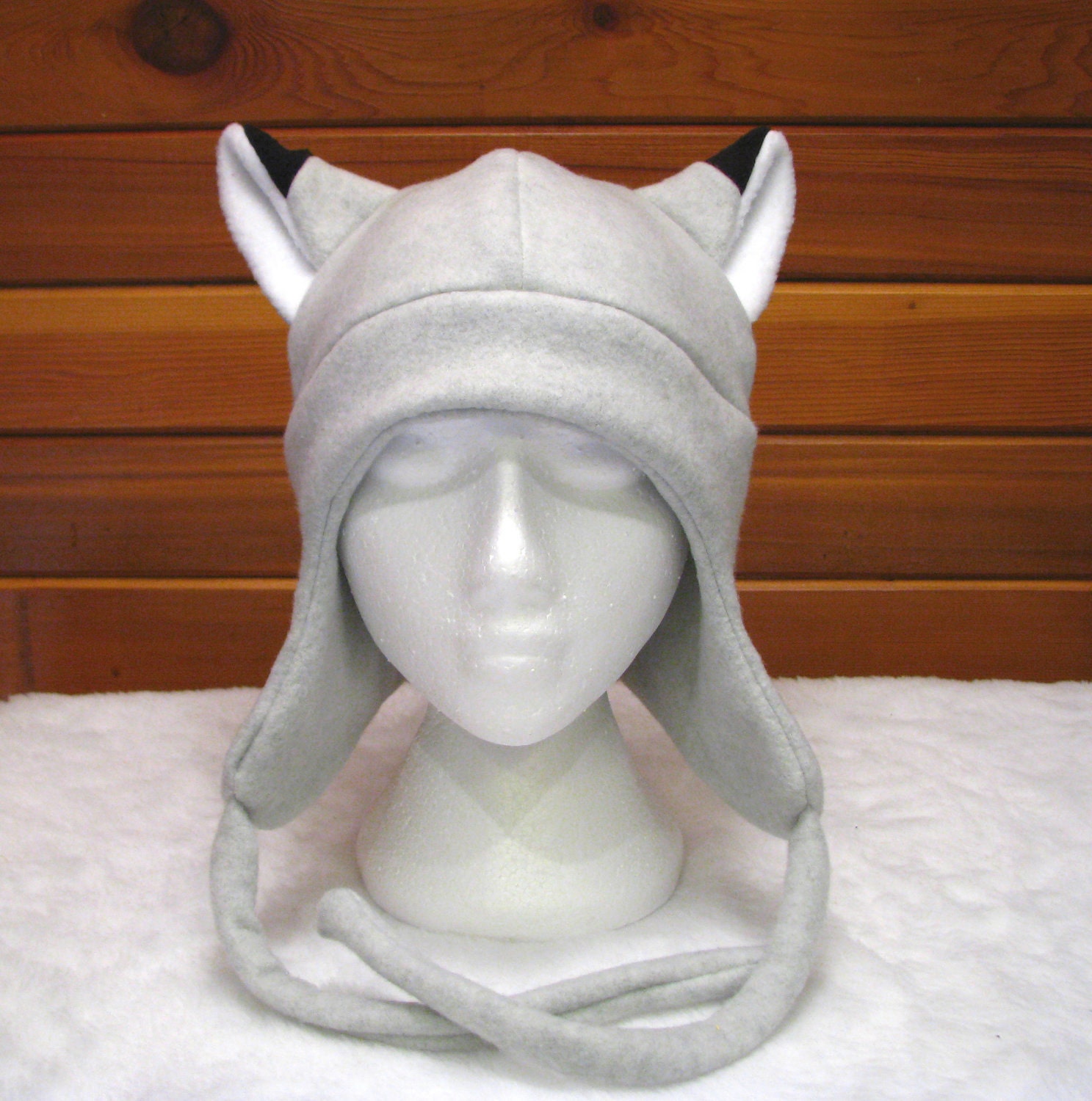 Silver Fox Aviator Hat - Light Gray Fleece Fox Ear Animal Hat by Ningen Headwear