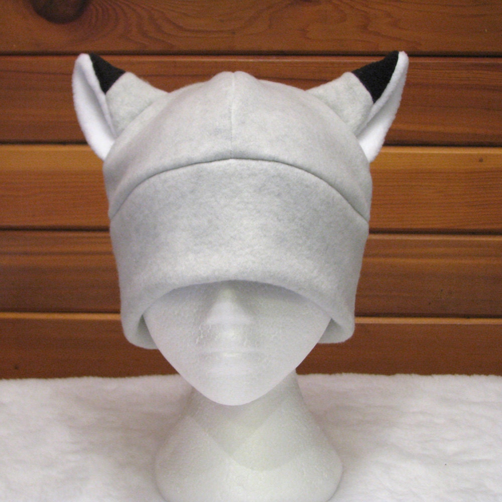 Silver Fox Ear Hat - Light Gray Fleece Fox Hat Womens Mens Hat by Ningen Headwear