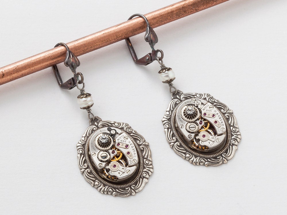 Steampunk Earrings vintage watch movements silver filigree pearl & crystal dangle drop earrings Neo Victorian jewelry Steampunk Nation