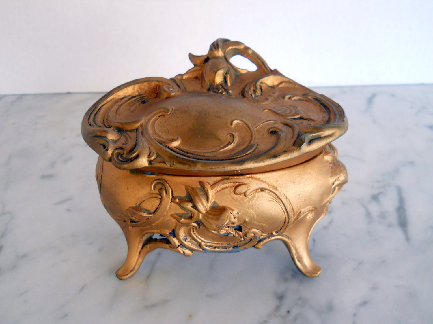 Art Nouveau Jewelry Casket // Gold Painted Spelter