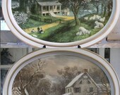 2 vintage Currier & Ives trays, winter spring vintage metal, shabby, chippy, distressed, rustic decor. Farmhouse, sheep, horse drawn sleigh