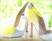 Shoe Clips Yellow / Purple / Mint Feathers. Silver Rhinestone Crystal, Bride Bridal Bridesmaid Couture. More: Ivory / White / Blue Statement