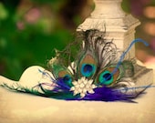 Statement Peacock Fan Fascinator COMB. Couture Bride Bridal Bridesmaid, Sophisticated Summer Birthday, Coque Feathers Purple Iridescent Teal