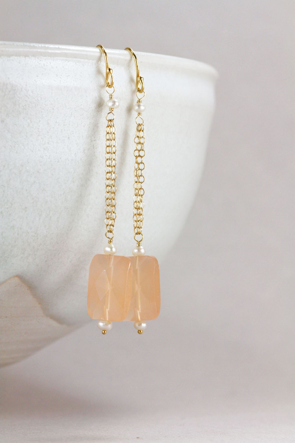 chandelier earrings with rose quartz and seed pearls . demeter