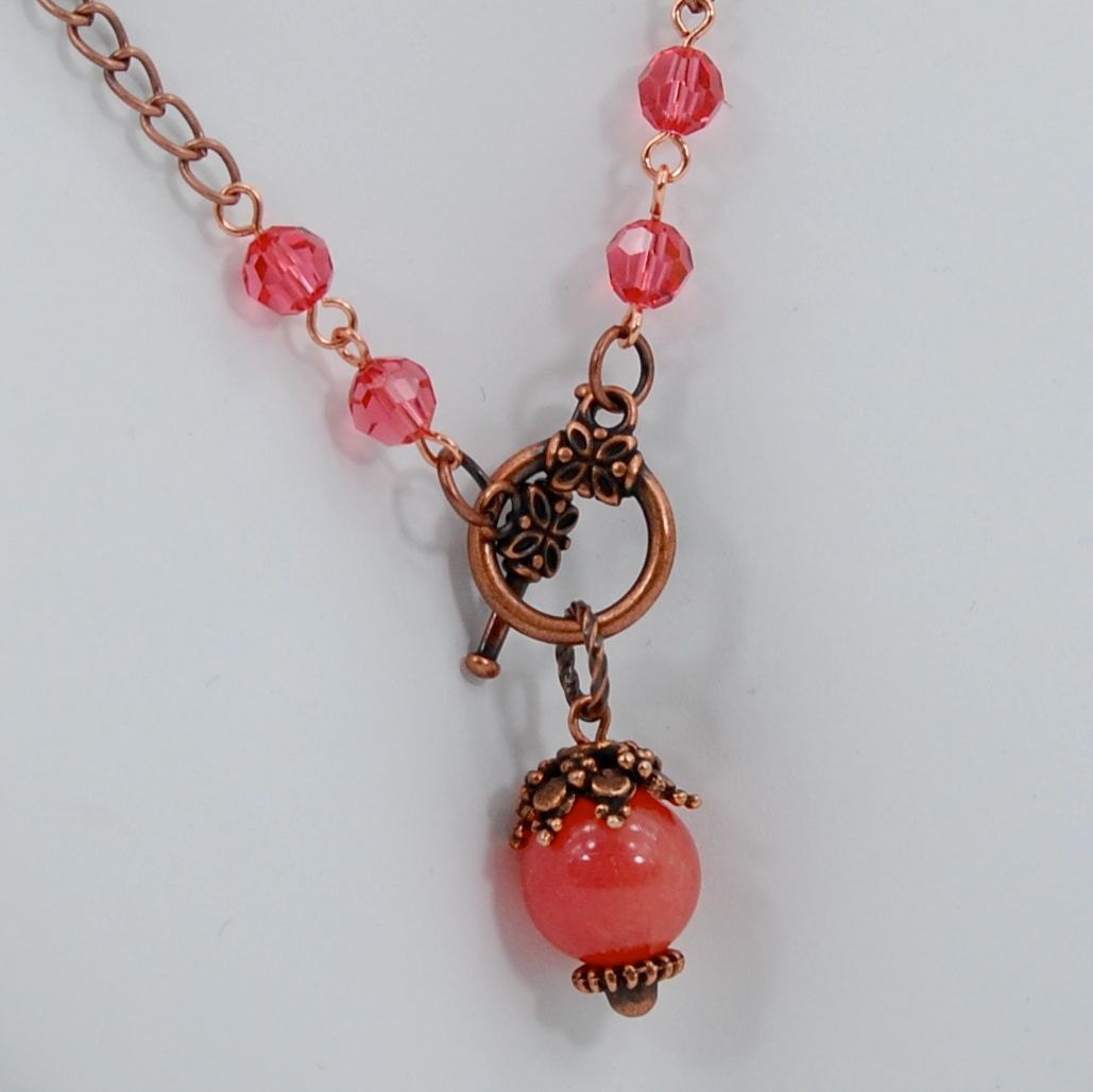 Red Quartz Pendant on Antique Copper Chain Necklace, Front Clasp, Natalie Collection