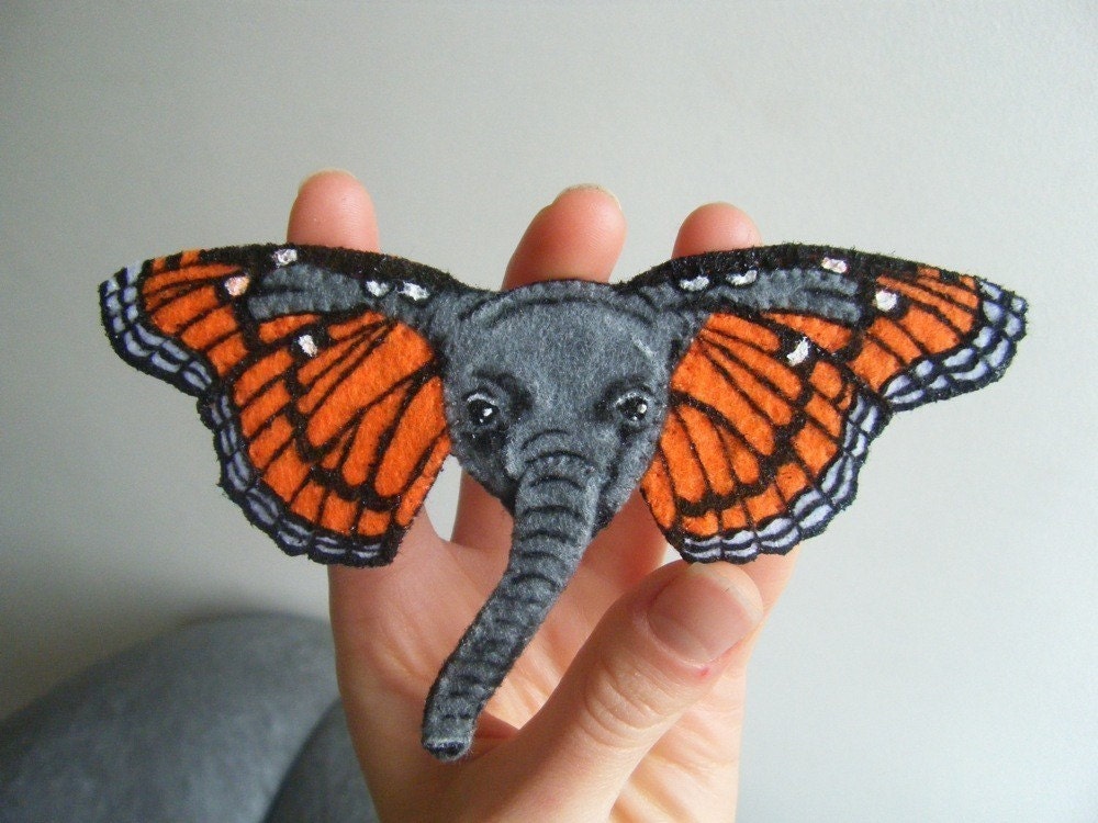 Felt Brooch - Orange Butterphant - MADE TO ORDER