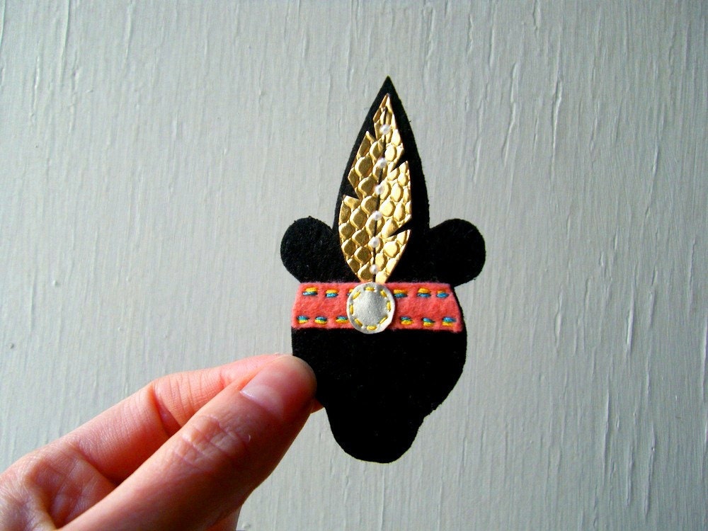 Felt and Vegan Leather Brooch - Prue the Bear wears a Feather - Made To Order