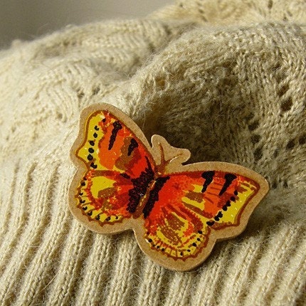 handcut orange tortoiseshell butterfly wooden brooch