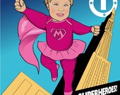 Baby Girl Superhero 1st Birthday Party Invitation - Illustrated from your photo DIGITAL FILE