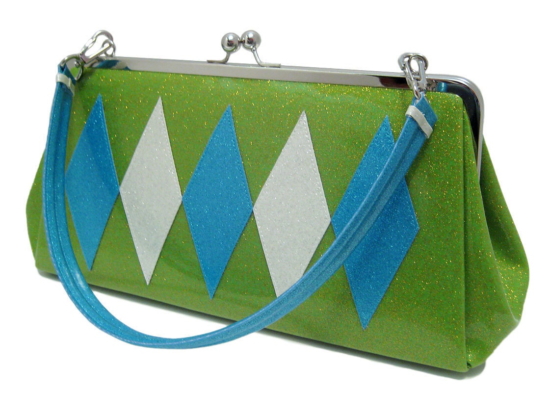 Glitter Vinyl Purse - Green with Sky Blue and White Retro Diamonds - Rockabilly Sparkle Vinyl Handbag
