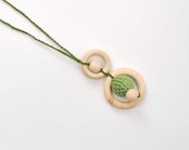 Crochet teething necklace for baby and mom with ring and olive green bead. crochet Teether toy. boys and girls. eco-friendly