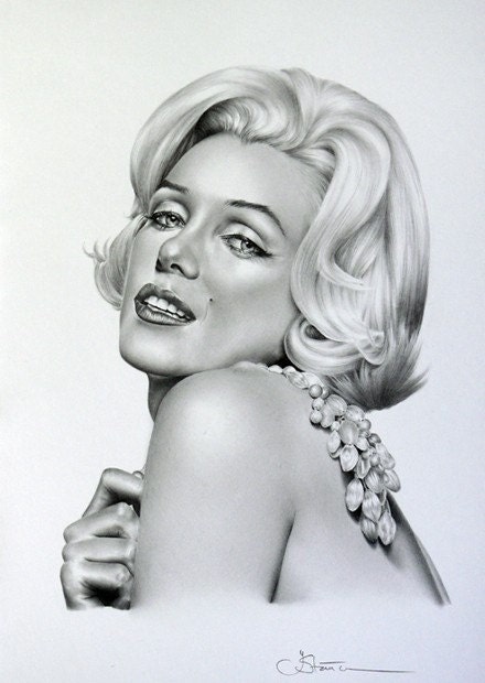 Marilyn Monroe Pencil Drawing Fine Art Print Portrait Classic Hollywood Vintage Glamour Hand Signed by Artist