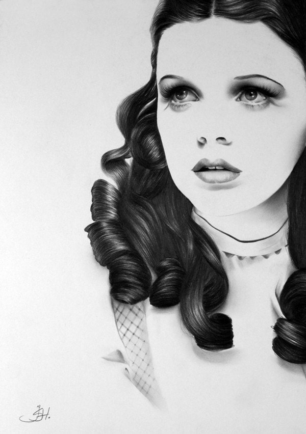 Judy Garland Wizard of Oz Dorothy Pencil Drawing Fine Art Portrait Vintage Glamour Beauty Print Hand Signed