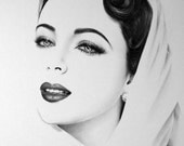 Elizabeth Taylor Minimalism Original Pencil Drawing Fine Art Portrait Glamour Beauty SALE