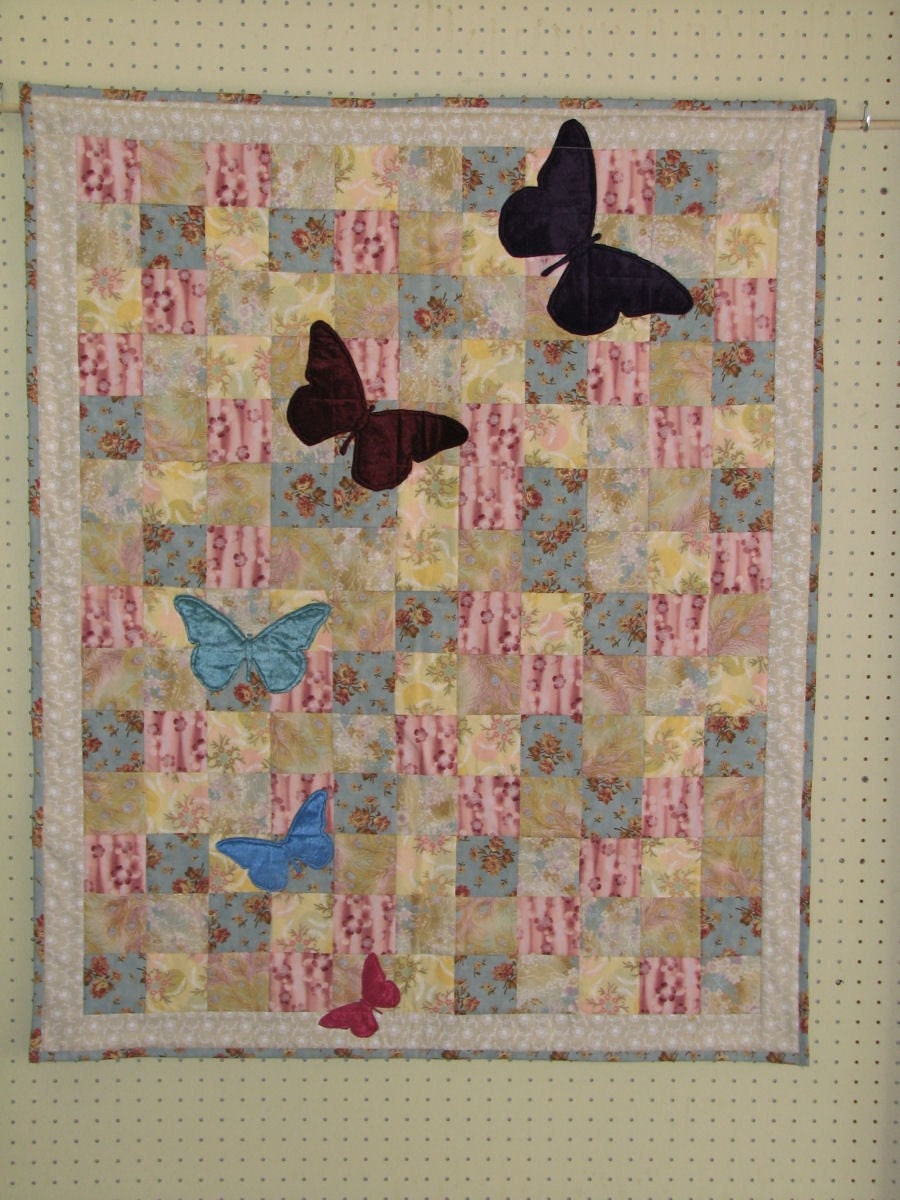 Baby Girl Quilt, Velvet Butterfly, Pastel Patchwork
