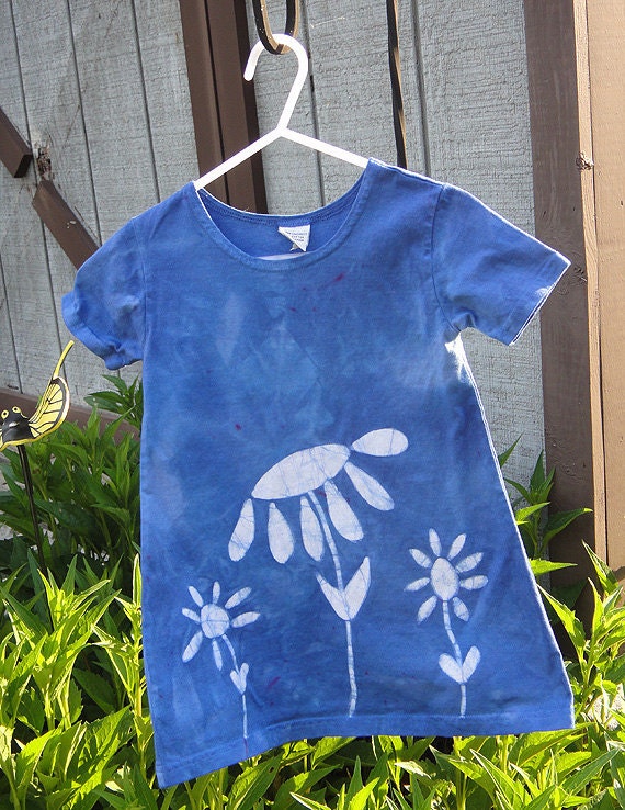 Toddler Girls Dress: Blue with Batik Flower Garden, Short Sleeves (2T) READY TO SHIP