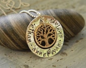 family hand stamped necklace, family tree, children's names