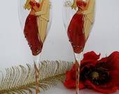 Hand painted Wedding Toasting Flutes Set of 2 Personalized Champagne glasses red and yellow - Inspiration India