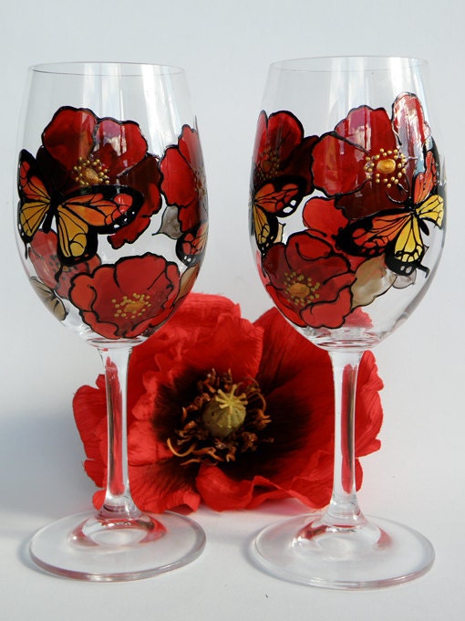Hand painted wine glass- Red poppies and butterflies