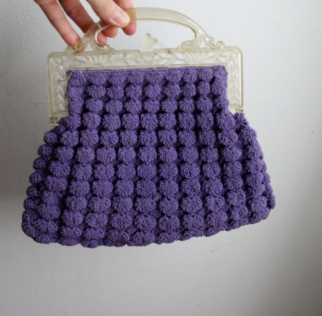 Vintage 1930s Purse Purple Crocheted Bag w. Lucite Handles