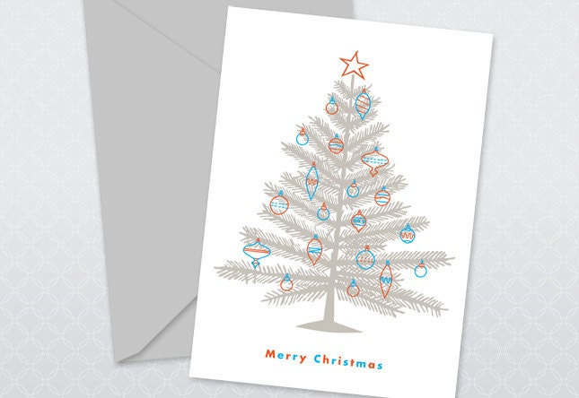 Retro Christmas Tinsel Tree - Letterpress Holiday Cards (set of 8)