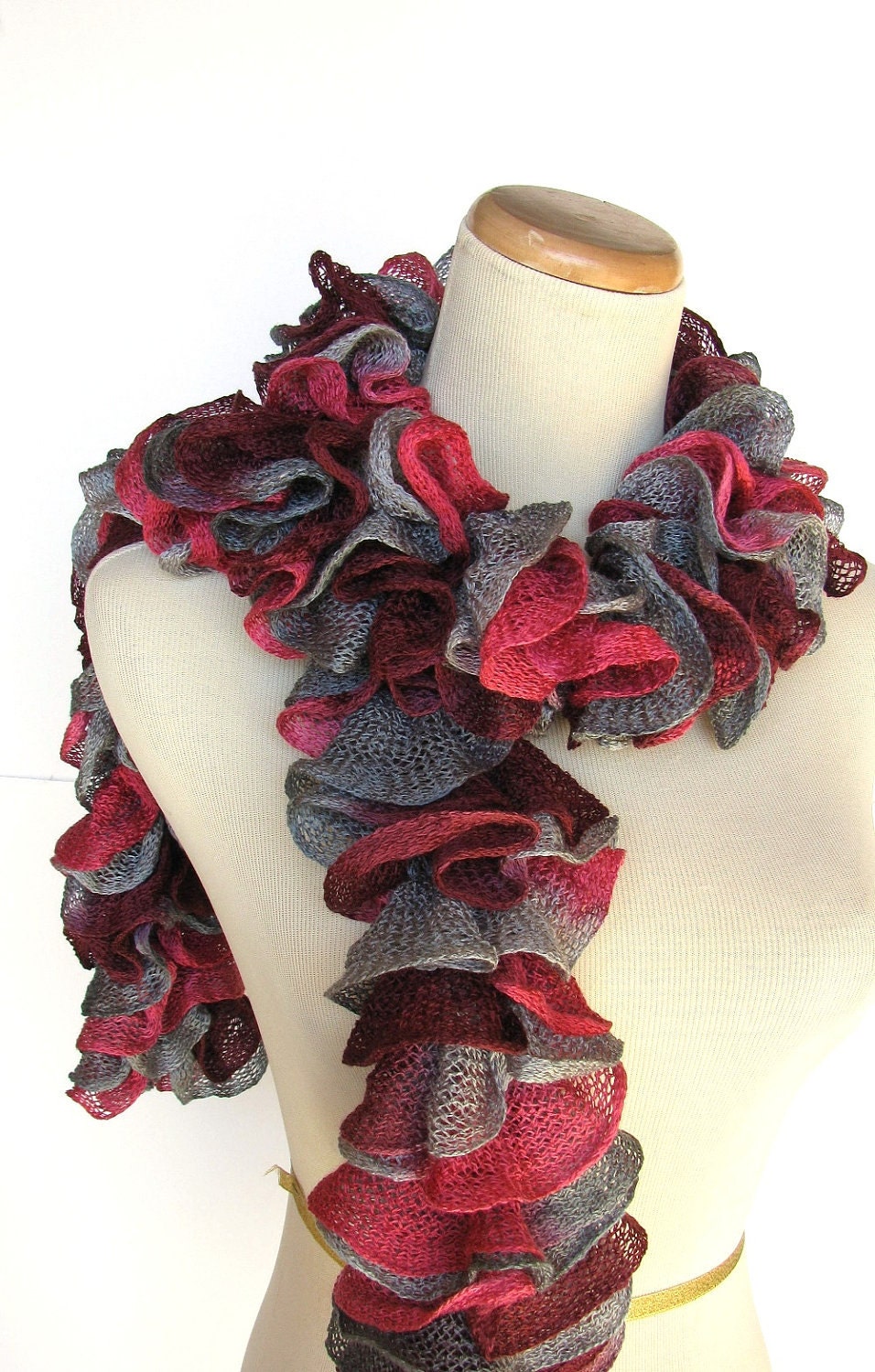 Hand Knit Ruffled Scarf - Pink Burgundy Gray