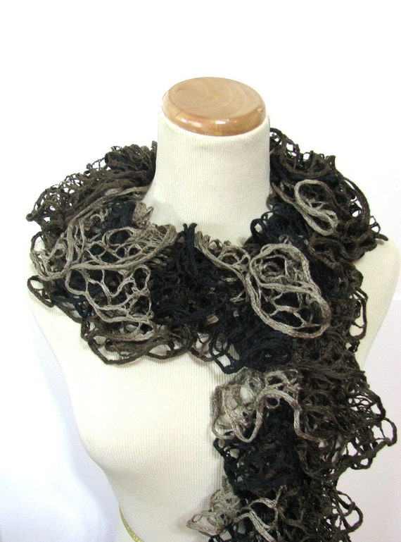 Brown and Black Hand Knit Ruffled Scarf - Taupe Brown Black