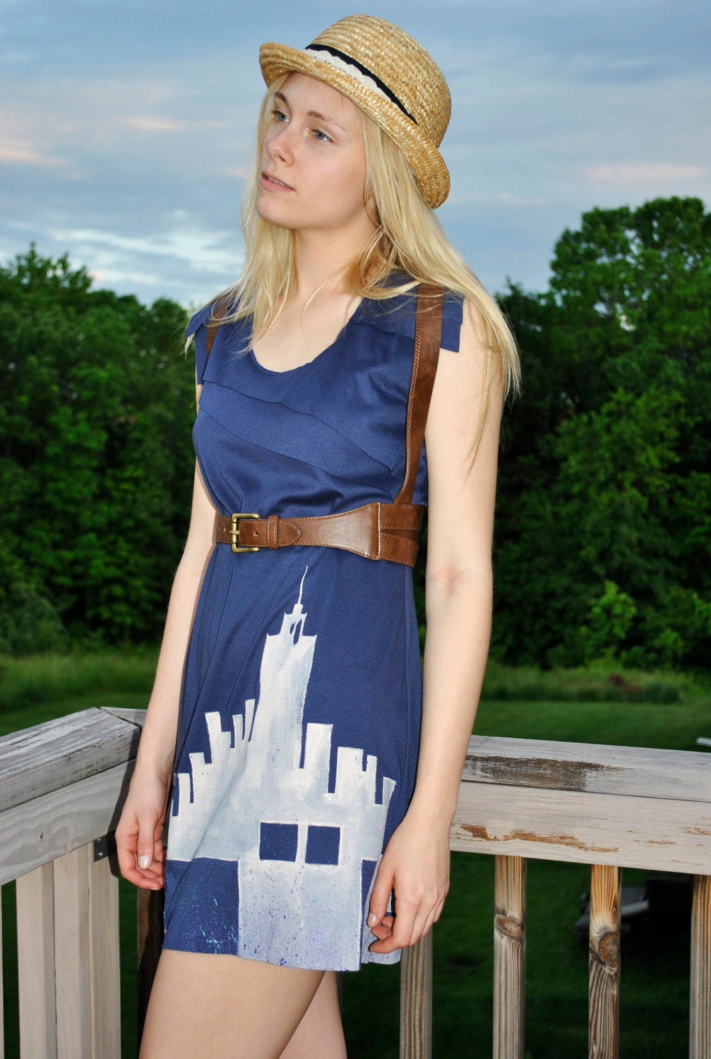 art Dress New York City, Hand painted, Wearable art, Chic, Navy Blue, Ivory OOAK rusteam