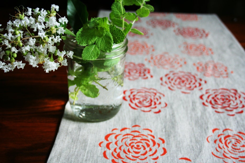 Linen Table Runner. Chrysanthemum. Hand screen printed.