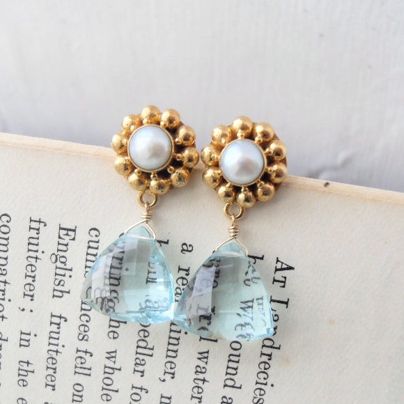 Tudor Inspired Gold, Topaz and Pearl Earrings