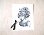 Illustration- Fox mask- Black and white- 8 X10 signed print- woman portrait- power animal