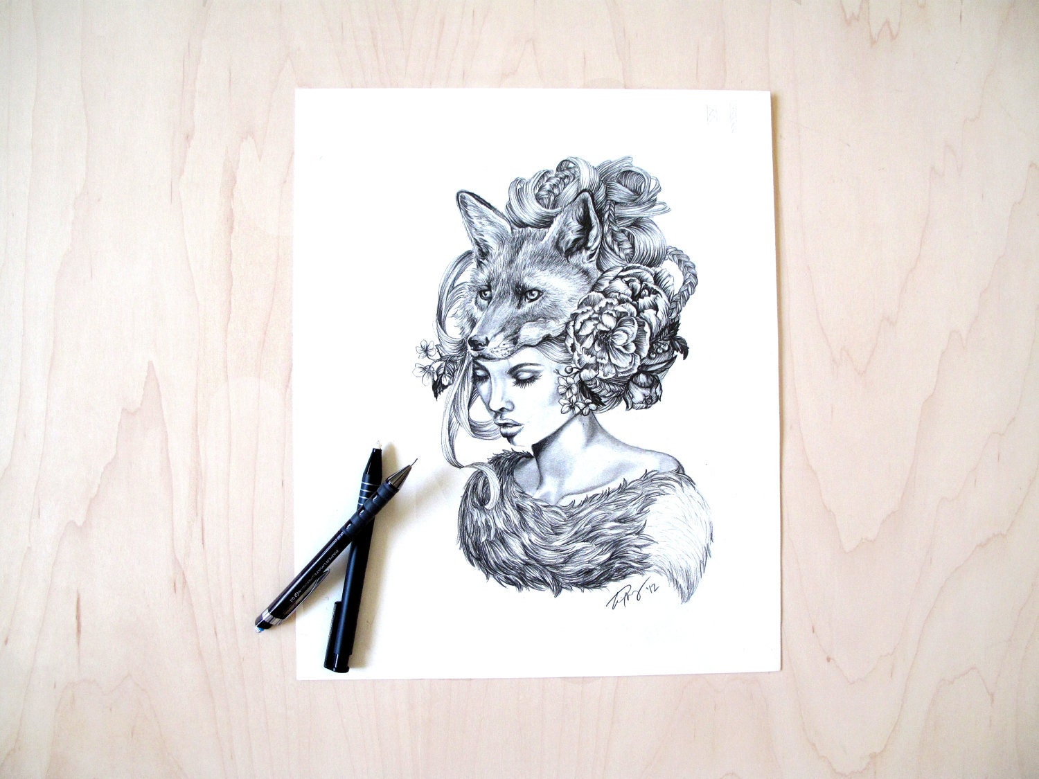 Illustration- Fox mask- Black and white- 8 X10 signed print- woman portrait- power animal