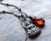Buddha Necklace, Yoga Jewelry, Sterling Silver Buddha Charm, Garnet Cubic Zirconia, Spiritual Jewelry, Sterling Silver Necklace