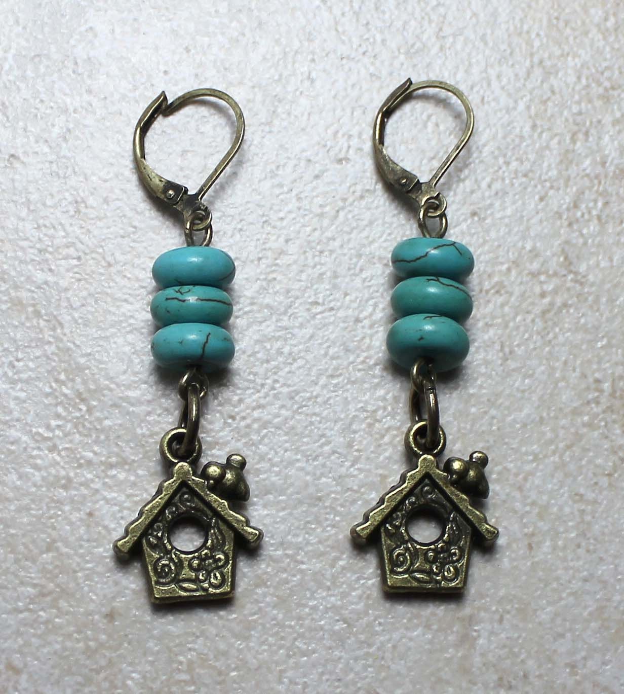 Bird House Earrings with Turquoise Gemstones in Antiqued Brass