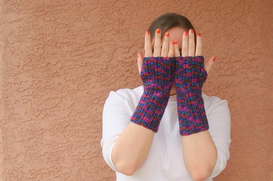 Crochet Fingerless Gloves for Women, Harlequin Multicolor, Crochet Fingerless Gloves, Arm Warmers, Fingerless Mittens in Pink, Teal, Orange