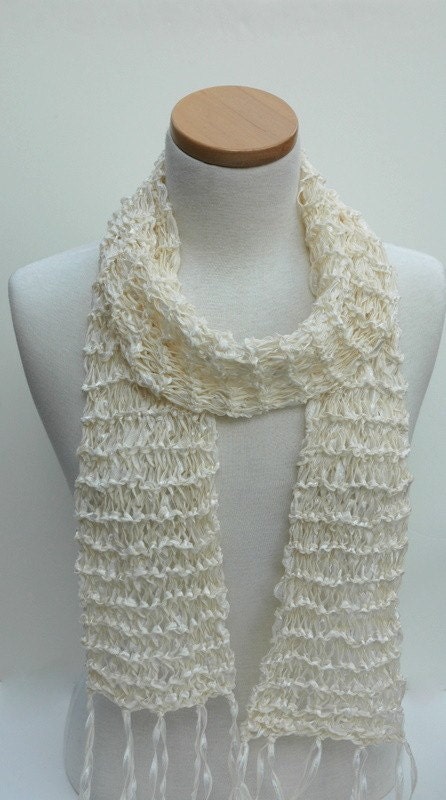 Cotton Scarf- Hand Knit/   Cream, White