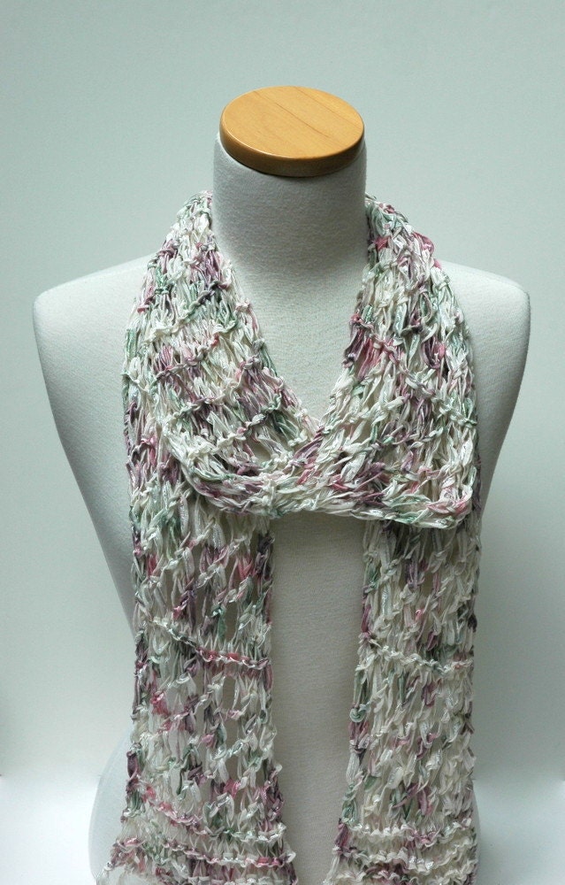 Hand Knit Cotton Scarf- Rose/ Lavender/ Mauve/Blue