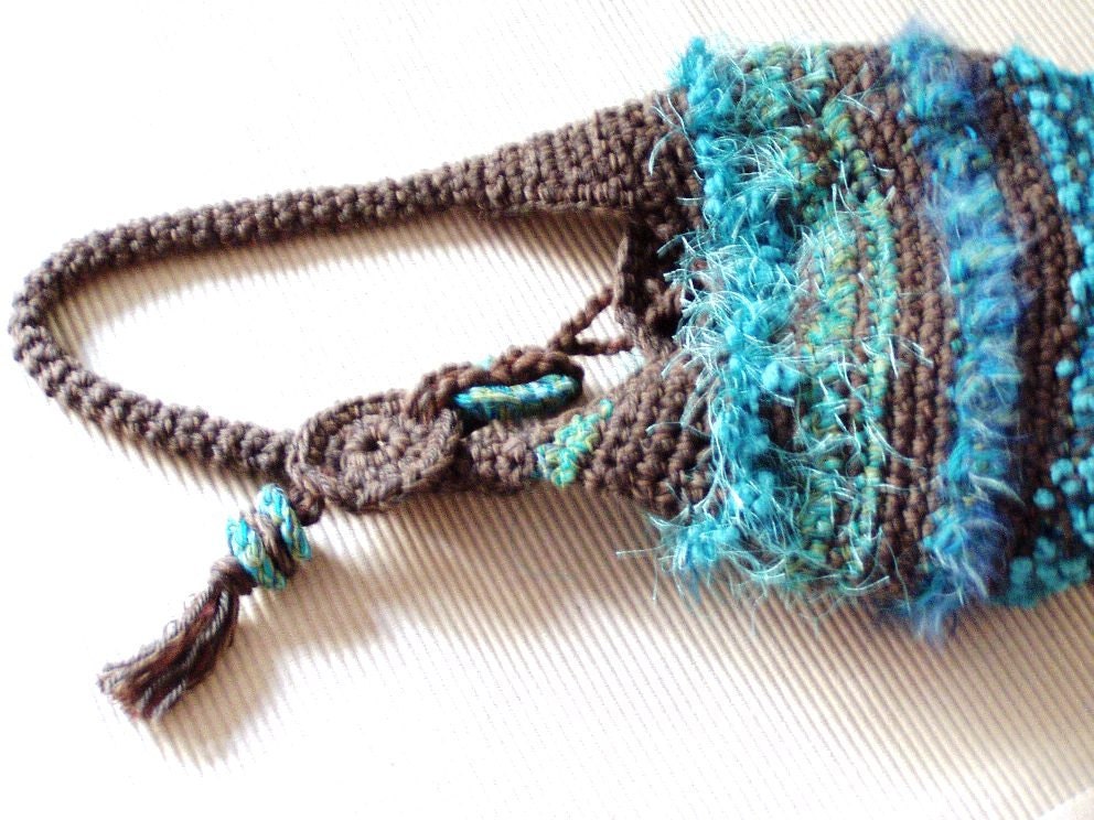 Crochet Tote Freeform Bag Chocolate and Curacao Handmade Funky Shoulder Bag