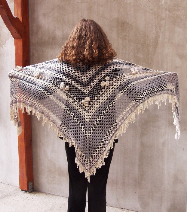 Made To Order Early morning light  hand crocheted triangular bamboo shawl with roses and fringes