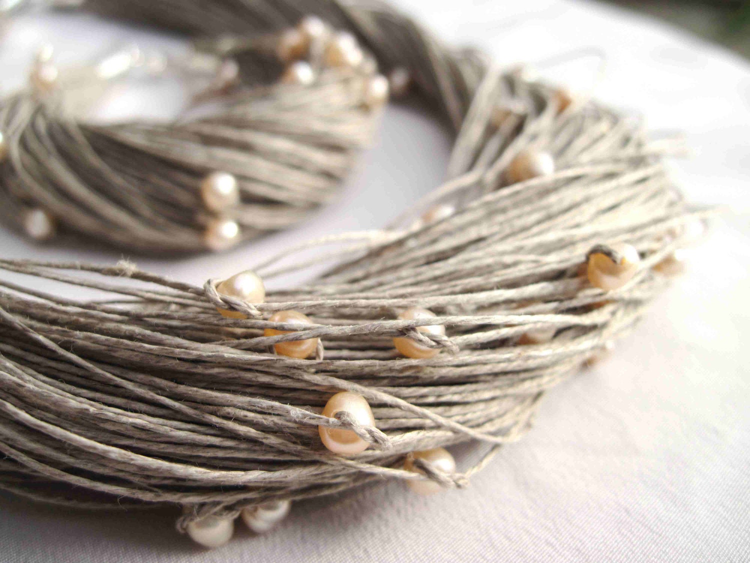 Wedding Pearl Jewelry Necklace Bracelet Linen Set Peachy Multistrand Pearl Necklace Cream Pink Gray Beaded Shabby Cottage Chic June Birthday