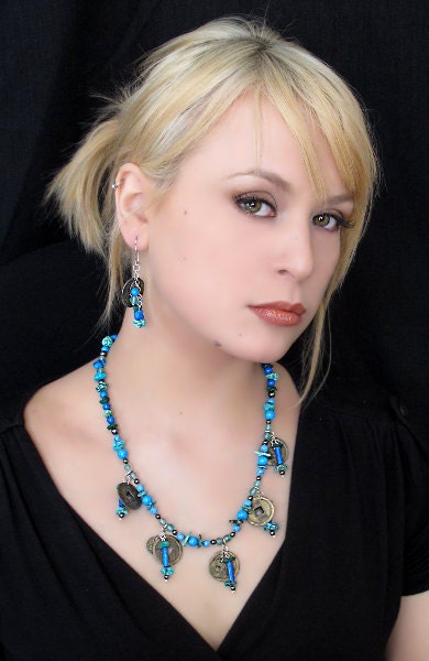 Turquoise and copper necklace - Fine jewelry - Sterling silver (.925) and genuine stones