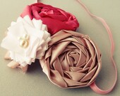 Fabric Flower Tutorial - Fancy Headband Pattern - pdf  TWO PATTERNS rolled flower & Fancy ribbon flower and  leaves and headband