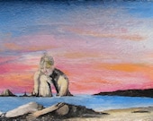 Nude Transforming into a Seacape at Sunset, Original Landscape Figure Painting on Canvas
