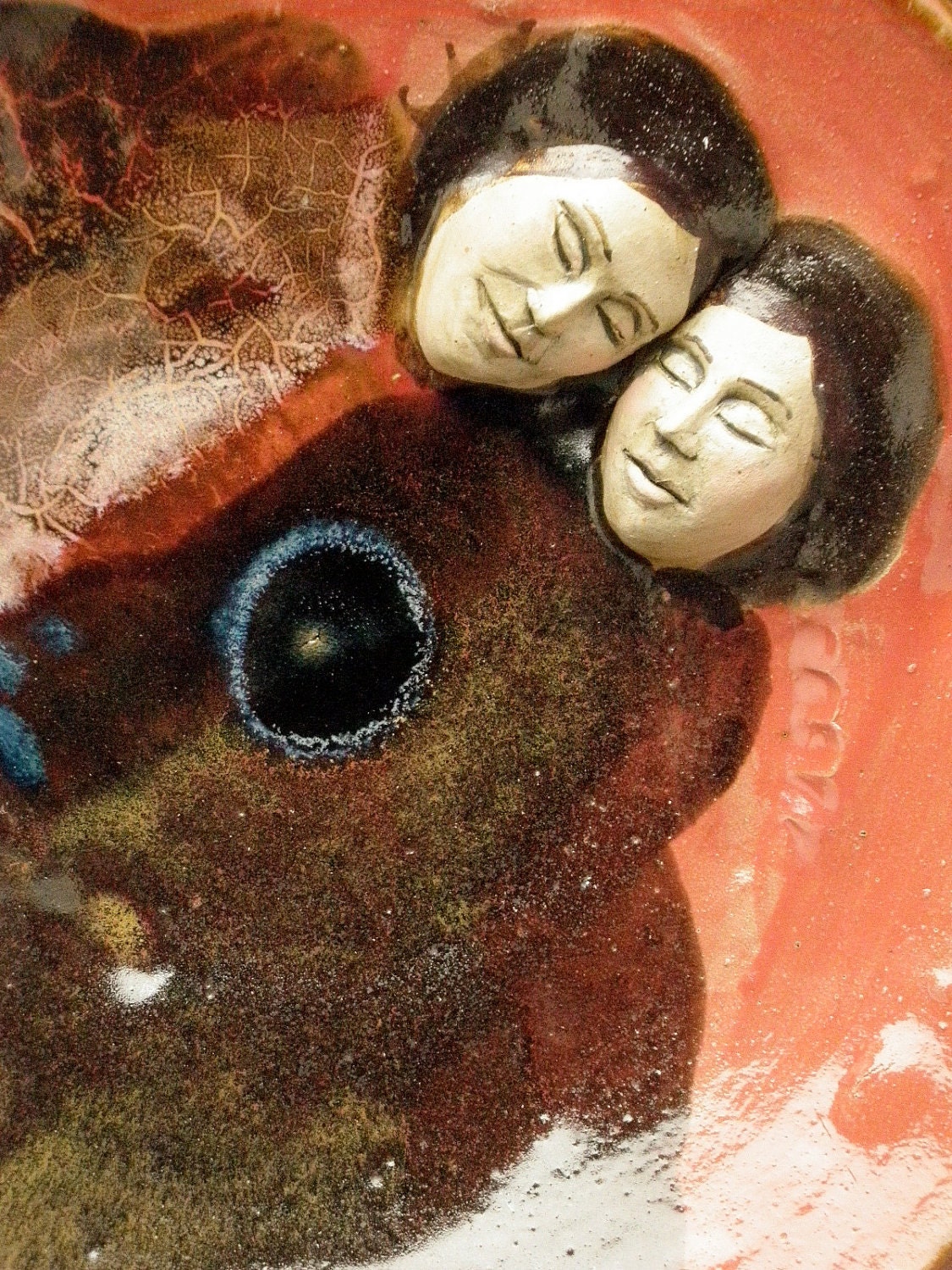 Lovers Serving Platter Wall Art Sculpture Roundel Bas Relief Faces Snuggling Couple Red Glaze and Glass Wabi Sabi Beauty in Imperfection